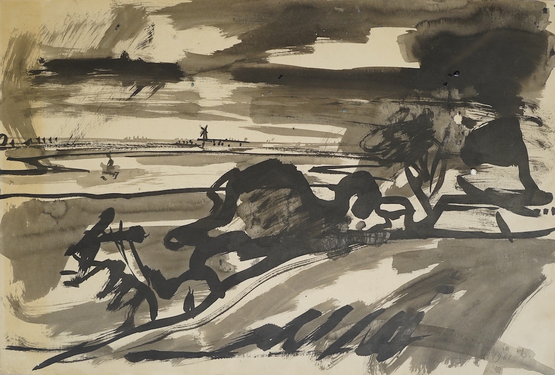 David Smith (British, 1930-1999), 'Breydon Water, Norfolk', ink and wash on paper, 39 x 56cm